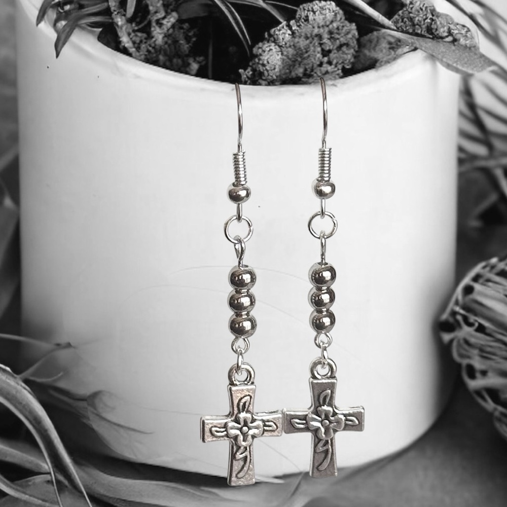 5 For $25💫Long Silver Cross Rose Dangles